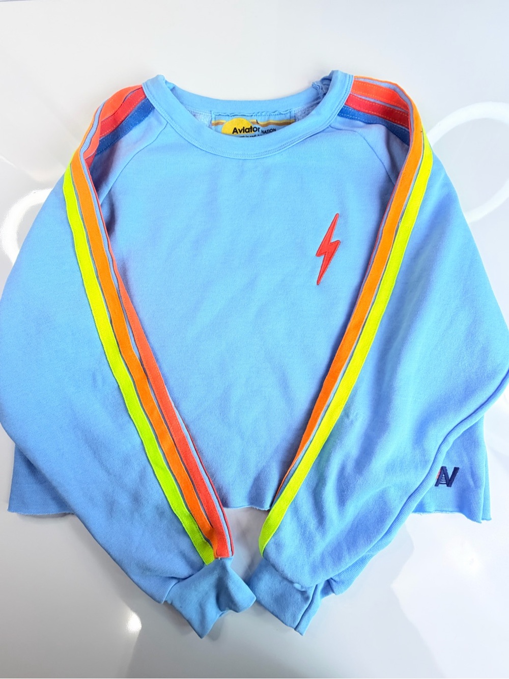 Aviator Nation Striped Cropped Sweatshirt In Sky Neon Rainbow Large